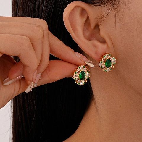Vintage Grüne Zirkon Blumen Ohrstecker Mit 925 Sterling Silber Ohrstift Kupfer Vergoldet Oval Luxus Für Frauen