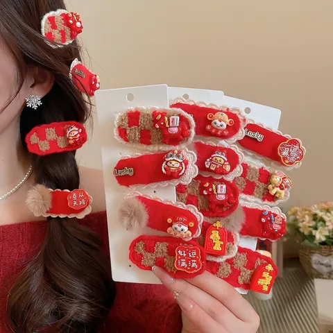 Red Plush Hair Clips Pompom Festive New Year Duckbill Pins Embroidered Lucky Character Chinese Style Hairpin