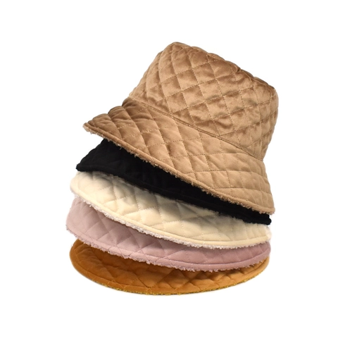 Quilted Bucket Hat Women Winter Warm Sherpa Lined Velvet Rhombus Pattern Solid Color Outdoor Basin Cap