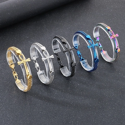 Bracciale Croce Ankh Acciaio Inossidabile Catena Intrecciata Egiziana Chiave Della Vita Gioielli Punk Vintage Per Uomo Donna
