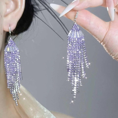 Zircon Rhinestone Tassel Drop Earrings Fan Shaped Long Fringe Sparkling Elegant Jewelry For Women