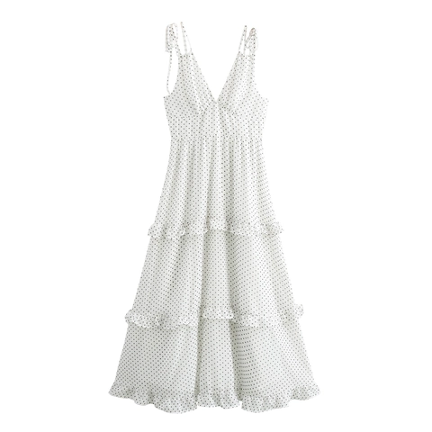 Polka Dot Camisole Maxi Dress Tiered Ruffle Hem V Neck Tie Strap Vintage Style Polyester Sleeveless Women Holiday Sundress
