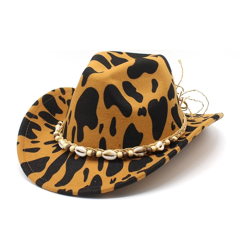Chapeau De Cow Boy À Bord Large Imprimé Vache Feutre Jazz Fedora Bande De Perles De Bois Pour Hommes Femmes