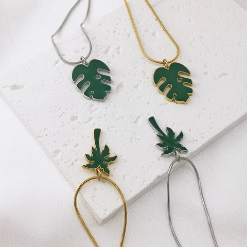Pianta Tropicale Foglia Di Monstera Albero Di Cocco Cactus Pendente Collana Smalto Verde Acciaio Inossidabile Gioielli Donna