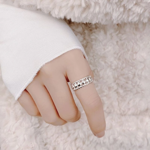 925 Sterling Silver Open Ring Minimalist Beaded Hollow Adjustable Finger Jewelry For Women Stackable Band