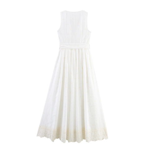 Witte Mouwloze Maxi-Jurk Met V-Hals Borduurwerk Riem Holle Kantzoom Elegante Vakantiestijl Polyester Lange Jurk