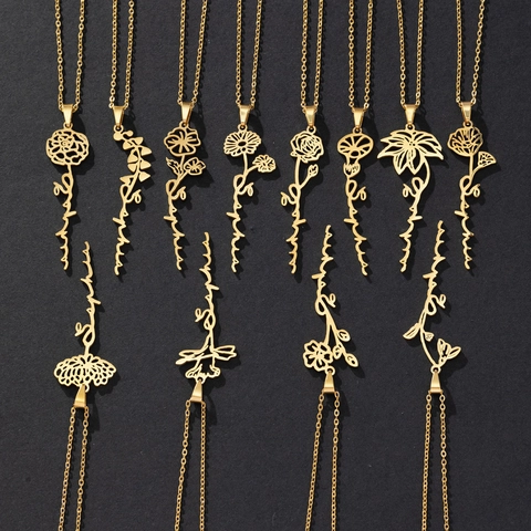 Collana Con Ciondolo Nome Fiore Del Mese Di Nascita Acciaio Inossidabile 304 Placcato Sottovuoto Gioielli Floreali Minimalisti