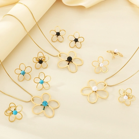 Hohlblumen Edelstahl Halskette Ohrringe Und Ring Minimalistischer Modeschmuck Damen Eleganter Floral Stil Accessoire