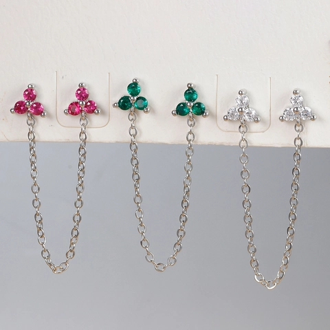 Copper Rhinestone Flower Double Stud Earrings With Chain Tassel Geometric Piercing Jewelry For Women Gold Silver Plated