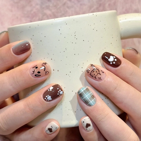 Square Press On Nails Cartoon Cat Puppy Plaid Gradient Short Fake Nails Cute Sweet Style Daily DIY Manicure Decoration
