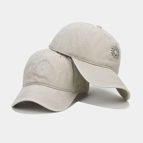 Retro Washed Cotton Baseball Cap Embroidered Sun Pattern Vintage Distressed Adjustable Sun Hat For Men Women Casual