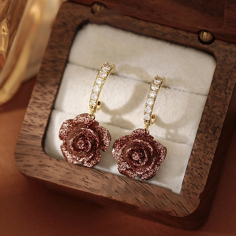 Roos Bloem Drop Oorbellen Met Strass Hars Bloemblad En 925 Sterling Zilveren Oorsteker Vintage Elegant Sieraden