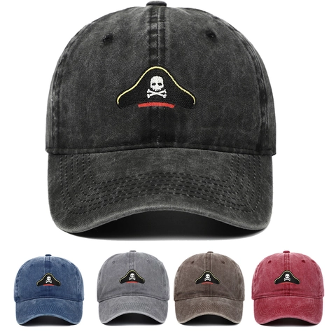 Pirate Skull Embroidered Washed Cotton Baseball Cap Vintage Distressed Outdoor Casual Sun Hat For Men Women
