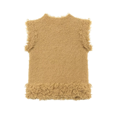 Women Hairy Knit Vest Sleeveless Sweater Fuzzy Plush Round Neck Solid Color Shaggy Pullover Fashion Top