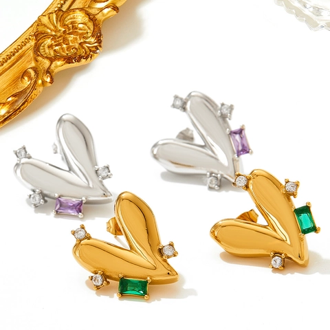 Orecchini A Lobo Cuore Astratto In Acciaio Inossidabile Con Cristallo Rettangolare E Zirconia Stile Geometrico Da Donna