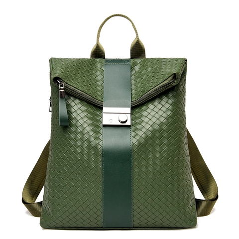Mochila De Cuero PU Tejido Para Mujer Moda Trenzada Bolso Escolar Viaje Con Hebilla Metálica Ajustable
