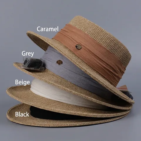 Women Boater Hat Paper Straw Flat Top Summer Sun Hat Vintage Resort Style With Decorative Ribbon Band And Metal Badge