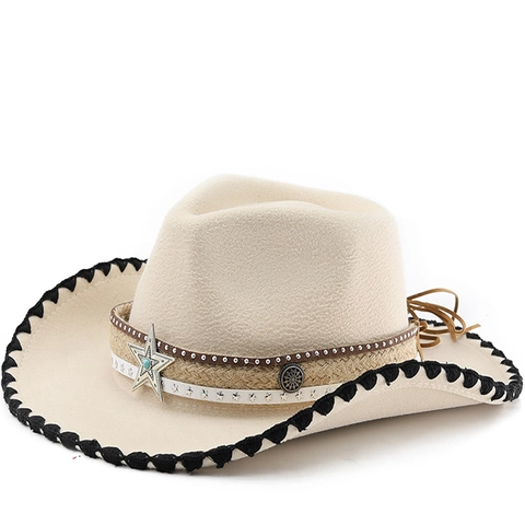 Western Cowboyhut Filz Polyester Stern Nietenband Gekerbter Rand Vintage Jazz Stil Unisex Erwachsene
