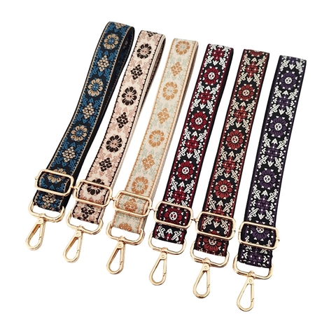 Adjustable Wide Bag Shoulder Strap Ethnic Bohemian Floral Embroidered Replacement Fabric Belt With Metal Swivel Hooks