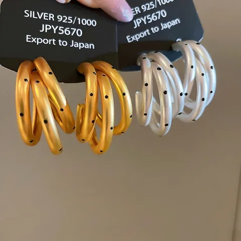 Triple Layer C-Shape Hoop Earrings Matte 18K Gold Plated With 925 Sterling Silver Earring Post Polka Dot