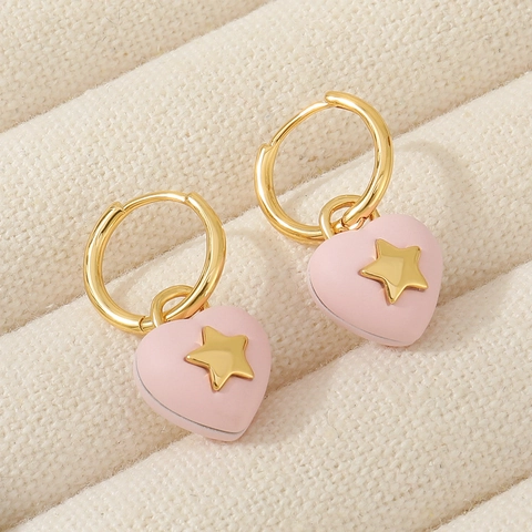 Sweet Pink Heart Star Drop Earrings Gold Plated Brass Hoop Earrings For Women Fashion Jewelry Accessories Gift