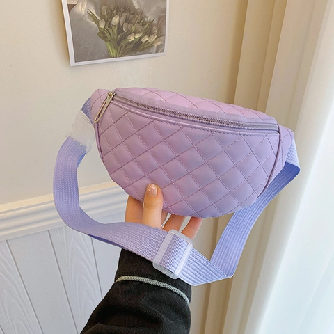 Kids Waist Bag PU Leather Quilted Rhombus Pattern Adjustable Strap Chest Pack Casual Trendy For Boys Girls