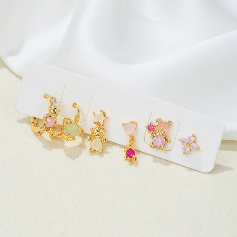 Orecchini In Ottone Stile Coreano Carino Orso Cuore Stella Zircone Rosa Con Perno In Argento Sterling 925 Per Donne