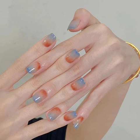 Press On Nails Short Square Round Gradient Morandi Blue Orange Marble Pattern Glossy Artificial Fingernails Women