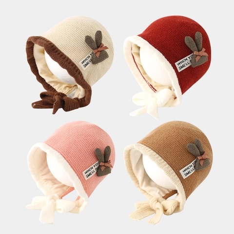 Baby Winter Knitted Ear Protection Bonnet Hat With Rabbit Ears And Plaid Bowknot Warm Toddler Knit Beanie Cap For Kids