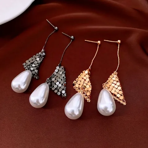 Elegant Water Drop Faux Artificial Pearl Dangle Earrings Mesh Triangle 18K Gold Plated Copper With 925 Sterling Silver Earring Post
