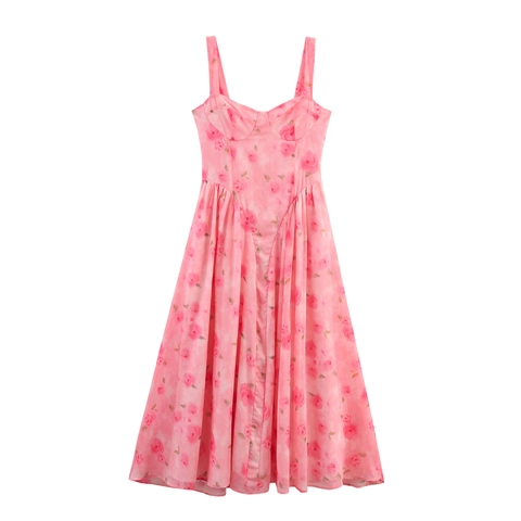 Robe Longue Maxi En Mousseline Rose Imprimé Floral Sans Manches Col Coeur Taille Haute Ligne A Été Élégante