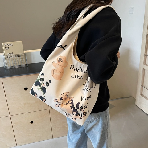 Bolso De Lona De Gran Capacidad Con Lindo Estampado De Animales De Dibujos Animados Bolso De Hombro Casual De Estilo Literario