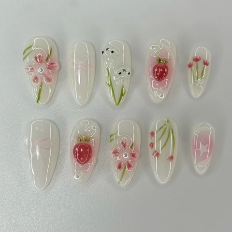 Handgefertigte Künstliche Fingernägel ABS Kunststoff Süßer Hase Blumen Muster Mandelform Mädchen Maniküre