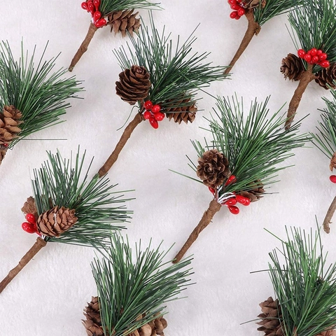 Ramas De Pino Artificiales De Navidad Con Piñas Y Bayas Rojas Para Decoración De Cajas De Regalo Y Árbol De Navidad