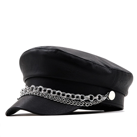 Baker Boy Hat PU Leather Octagonal Cap Featuring Double Silver Metal Chain Retro British Style Fashion Painter Hats