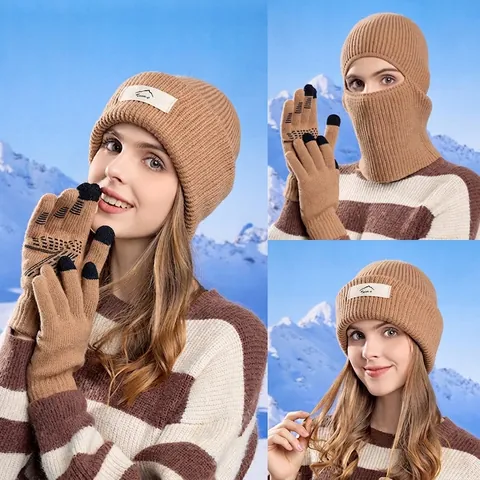 Winter Balaclava Hat And Gloves Knitted Acrylic Warm Windproof Neck Warmer Dual Use Outdoor Beanie For Women