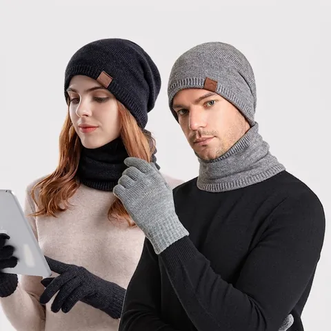 Berretto In Maglia Invernale Sciarpa Guanti Acrilico Foderato In Pile Touchscreen Caldo Antivento Outdoor Casual Per Uomini Donne