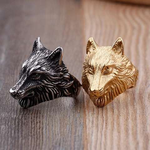 Anello Testa Di Lupo Da Uomo Acciaio Inossidabile Placcato Oro 18K Vintage 3D Intagliato Punk Gothic Animal Gioielli