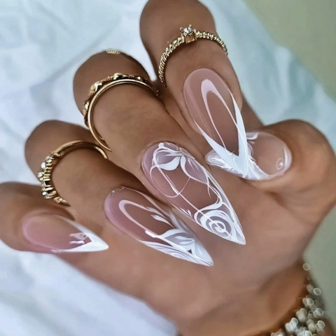 Stiletto Press On Nails Nude Pink White French Tip Flower Hand Painted Design Elegant Artificial Fingernails