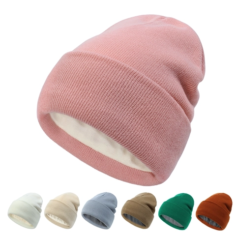 Knitted Beanie Hat Acrylic Fleece Lined Winter Warm Solid Color Cuffed Skull Cap For Women Outdoor Casual Soft