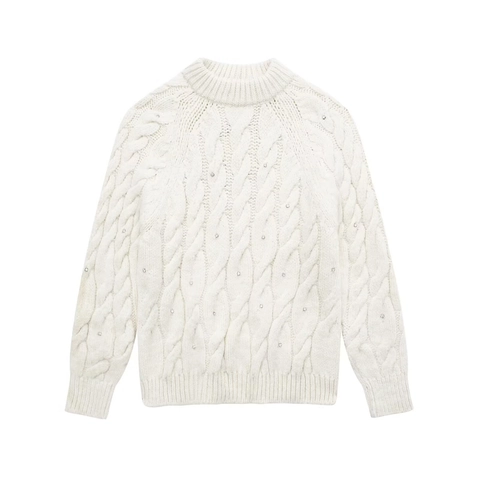 Damen Zopfstrickpullover Langarm Rundhalsausschnitt Mit Strass Verziert Weich Warm Strickpullover Jumper Top Weiß