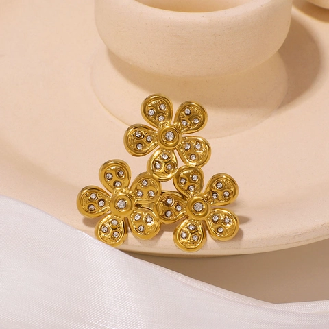 Anello Fiore Acciaio Inossidabile Zircone Micro Incastonato Stile Retrò Francese Cinque Petali Fiore Di Prugno Anello Aperto Regolabile