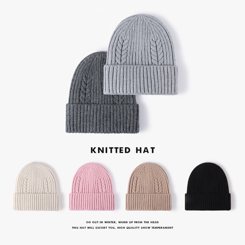 Gorro De Invierno Para Mujer Piel De Conejo Sintética Punto De Trenza Cálido Exterior Color Sólido Elástico