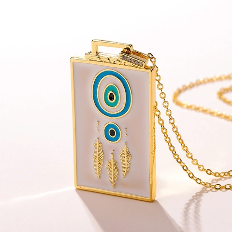 Evil Eye Anhänger Halskette Kupfer Rechteckig Emaille Anhänger Mit Federanhängern Ethno Boho Schmuck Für Damen