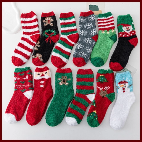 Chaussettes de Sommeil Chaudes et Épaissies en Polaire Corail de Noël Mignon Dessin Animé Hiver Thermique Cadeau de Fête Chaussettes Femmes