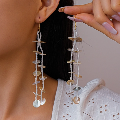 Pendientes Largos De Borla Con Concha Natural Y Cuentas De Vidrio Bohemio Redondo Geométrico Joyería Para Mujeres
