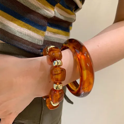 Bracciale Di Perline In Acrilico Retrò Con Motivo Marmorizzato E Distanziatori In Lega Dorata Per Donna Stile Vacanza Gioielli Da Mano Geometrici