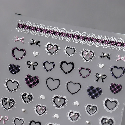 3D Embossed Nail Art Stickers Self Adhesive Heart Bow Plaid Lace Artificial Pearl Y2K Sweet Cool Lolita Manicure Decoration