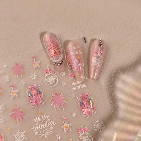 Pink Castle Snowflake Bow Nail Art Stickers 5D Embossed Adhesive Winter Christmas Decals For Women