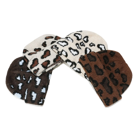 Women Leopard Print Knitted Beanie Hat Warm Acrylic Heart Pattern Winter Autumn Pullover Cuffed Cap Fashion Outdoor